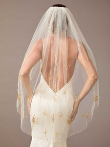 Fingertip Wedding Veil with Sequined Gold Embroidery V2577SF Fingertip Wedding Veil with Sequined Gold Embroidery V2577SF