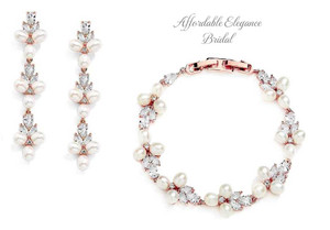 Rose Gold Freshwater Pearl and CZ Bridal Bracelet and Earrings Set