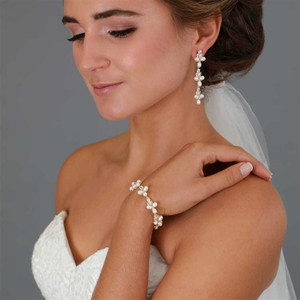 Gold Plated Freshwater Pearl and CZ Bridal Bracelet and Earrings