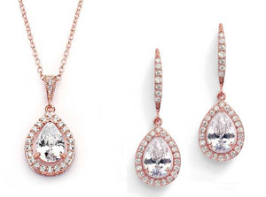 Pear Shape CZ Wedding Jewelry Set in 14K Rose Gold Plating
