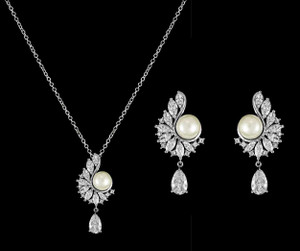 Pearl and CZ Swirl Wedding Pendant and Earrings in Silver Plating Pearl and CZ Swirl Wedding Pendant and Earrings in Silver Plating
