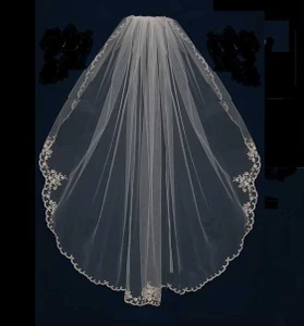 Beaded Silver Embroidery Fingertip Length Wedding Veil C450 - Sale!
