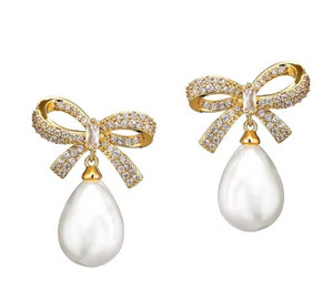 Pearl and CZ Glam Bow Wedding Earrings in Gold e4001g Pearl and CZ Glam Bow Wedding Earrings in Gold e4001g