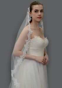 Knee Length Wedding Veil with Floral Lace Edge E1490S Knee Length Wedding Veil with Floral Lace Edge E1490S