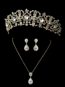 Gold Plated Royal Rhinestone Wedding Tiara and Jewelry Set Gold Plated Royal Rhinestone Wedding Tiara and Jewelry Set