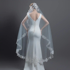 Waltz Length Mantilla Wedding Veil with Beaded Floral Lace V6221W Waltz Length Mantilla Wedding Veil with Beaded Floral Lace V6221W