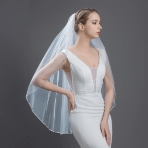 Pearl and Sequin Beaded Fingertip Wedding Veil V6339