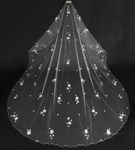 Wide Cathedral Wedding Veil with Pearl and Rhinestone 3D Flowers Wide Cathedral Wedding Veil with Pearl and Rhinestone 3D Flowers