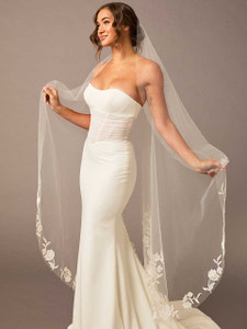 Waltz Length Wedding Veil with Pearl Beaded Lace Envogue V2688WZ-M