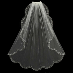 Pearl and Rhinestone Blizzard Beaded Scallop Fingertip Wedding Veil