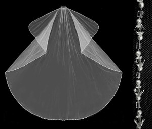Angel Cut Pearl and All Clear Crystal Beaded Waltz Wedding Veil