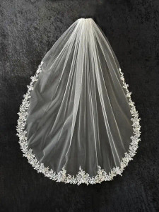 Waltz Length Wedding Veil with Leafy Floral Lace C626