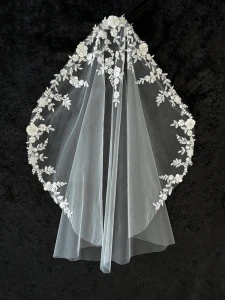 Knee Length Beaded Floral Lace Mantilla Wedding Veil CF943