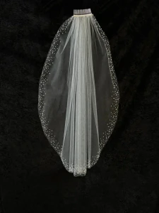 Fingertip Length Wedding Veil with Pearl and Crystal Border Scatter