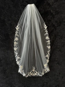  Beaded Silvery Lace Waltz Wedding Veil CF948