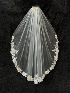 Heavily Beaded Floral Leafy Lace Fingertip Wedding Veil CF945