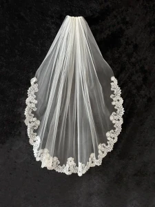 Waltz Length Wedding Veil with Pearled Chantilly Lace CF940
