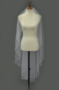 Cascade Waltz Length Wedding Veil with Beaded Pearl Edge E1648