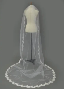 Pearl Beaded Lace Cathedral Wedding Veil Ansonia PV456