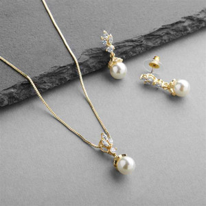 Ivory Pearl and CZ Drop Gold Bridal Jewelry Set
