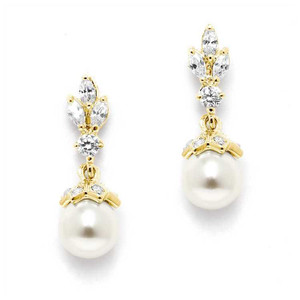 14K Gold Plated CZ Trio and Pearl Drop Wedding Earrings