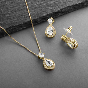 14K Gold Plated CZ Halo Pear Shaped Bridal Jewelry Set