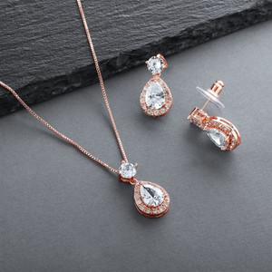 14K Rose Gold Plated CZ Halo Pear Shaped Bridal Jewelry Set