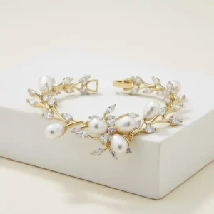 Gold Plated Freshwater Pearl and CZ Floral Wedding Bracelet
