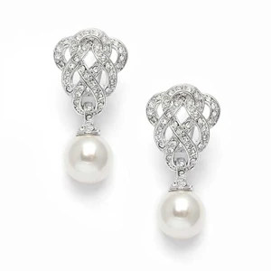 Braided CZ and Soft Cream Pearl Bridal Earrings - Clip On