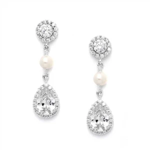 Freshwater Pearl and CZ Drop Bridal Earrings 4493E