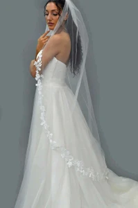 Waltz Length Floral Lace Applique Wedding Veil Elena E1665