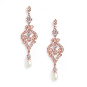 Rose Gold Vintage CZ Scroll Bridal Earrings-Freshwater Pearl