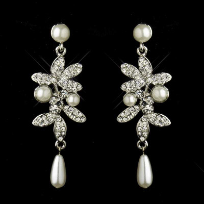 Silver Plated Diamond White Pearl Wedding Jewelry Set
