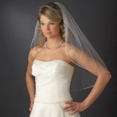 Single Layer Beaded Edge Elbow Length Bridal Veil Single Layer Beaded Edge Elbow Length Bridal Veil