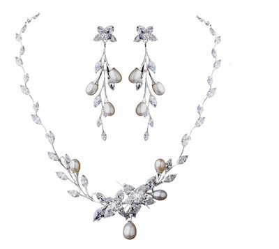 Floral CZ and Pearl Wedding Jewelry Set