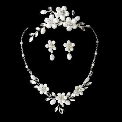 Floral Frosted Crystal Comb and Bridal Jewelry Set