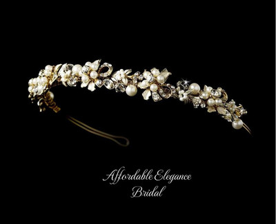 old Plated Ivory Pearl Floral Headband 16488 old Plated Ivory Pearl Floral Headband 16488