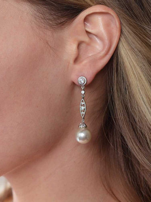 CZ Wedding Dangle Earrings with Bold Cream Pearl 3625E