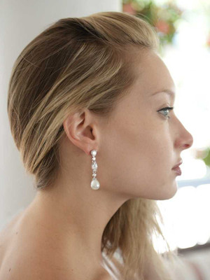 CZ and Ivory Pearl Wedding Drop Earrings 3035E