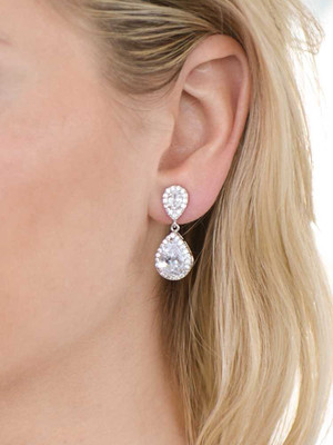 Silver plated CZ Teardrop Wedding Earrings 3520e - Clip on or Pierced