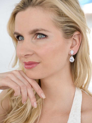 Silver Plated CZ Teardrop Wedding Earrings 3520e Clip on or Pierced