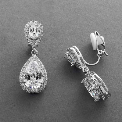 Silver Plated CZ Teardrop Wedding Earrings 3520e Clip on or Pierced