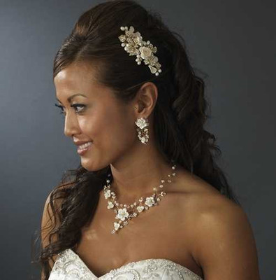 Gold Plated Floral Porcelain and Pearl Bridal Jewelry Set