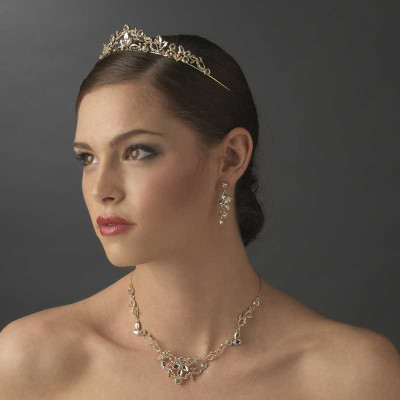 Gold Plated Floral Scroll Tiara and Bridal Jewelry Set  Gold Plated Floral Scroll Tiara and Bridal Jewelry Set