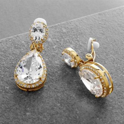 2074E-G Gold Plated CZ Wedding Earrings in Clip On Style 2074E-G Gold Plated CZ Wedding Earrings in Clip On Style