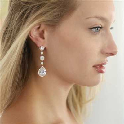 Rose Gold Pear CZ Drop Wedding or Prom Earrings - Pierced or Clip On Rose Gold Pear CZ Drop Wedding or Prom Earrings - Pierced or Clip On