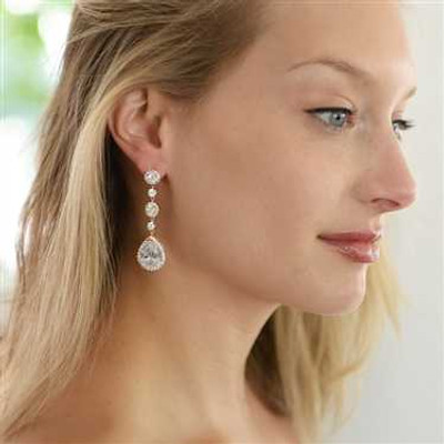 Rose Gold Pear CZ Drop Wedding or Prom Earrings Pierced or Clip On Rose Gold Pear CZ Drop Wedding or Prom Earrings Pierced or Clip On