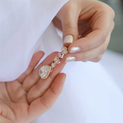 Rose Gold Pear CZ Drop Wedding or Prom Earrings Pierced or Clip On Rose Gold Pear CZ Drop Wedding or Prom Earrings Pierced or Clip On