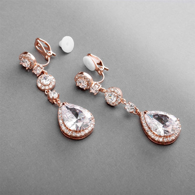 Rose Gold Pear CZ Drop Wedding or Prom Earrings Pierced or Clip On