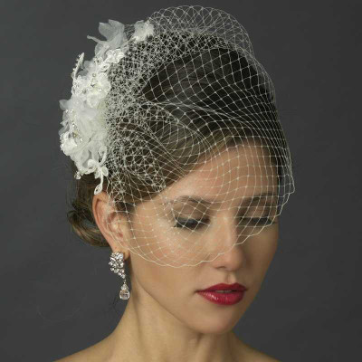 White Birdcage Veil with Crystal and Lace Fascinator White Birdcage Veil with Crystal and Lace Fascinator